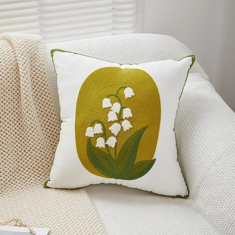Tufted & Embroidered Floral Cushion Covers on Off-White Cotton/Linen 18inx18in