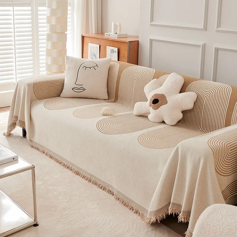 Cream and lightbrown Nordic Geometric Striped Sofa Throws With Tassels