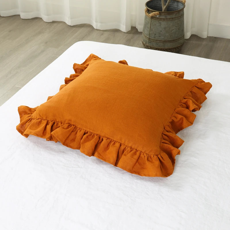 Orange 100% Pure Linen Ruffle Cushion Cover