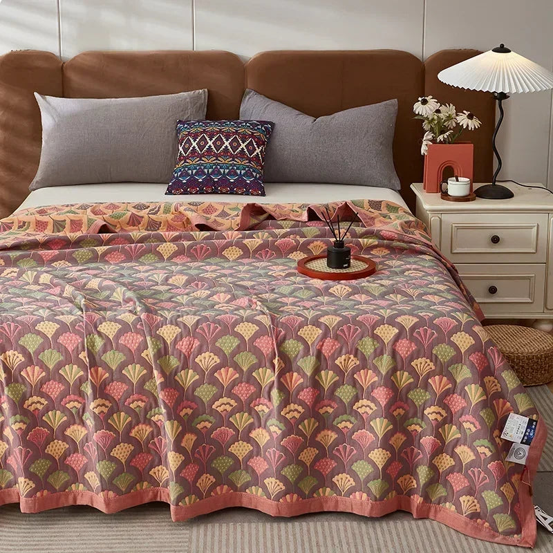 Stylish Geometric Peacock Pattern Bedspread in Purple, Pink, Yellow & Green