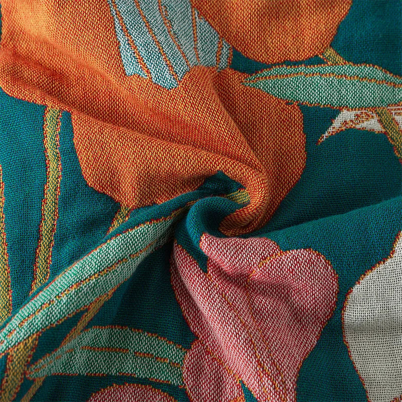 Blue and Green Cotton Bedspread / Sofa Throw With Orange Tulips - Single & Kingsize