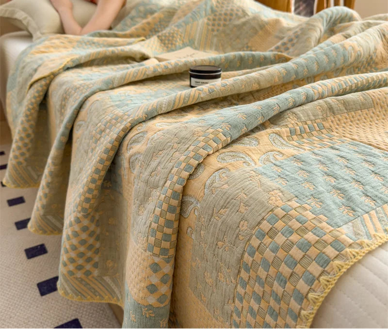 Modern Vintage Cotton Patchwork Bespread in Green & Yellow With Embroidered Edges
