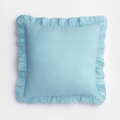Light blue 100% Pure Linen Ruffle Cushion Cover