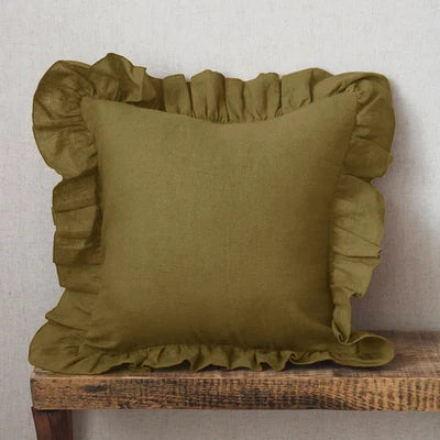 Olive green 100% Pure Linen Ruffle Cushion Cover