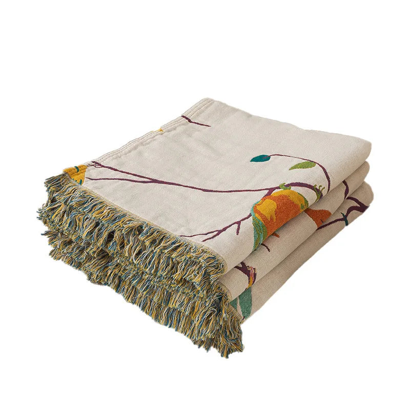 Cream Cotton Bedspread / Sofa Throw With Colourful Birds - Single & Kingsize