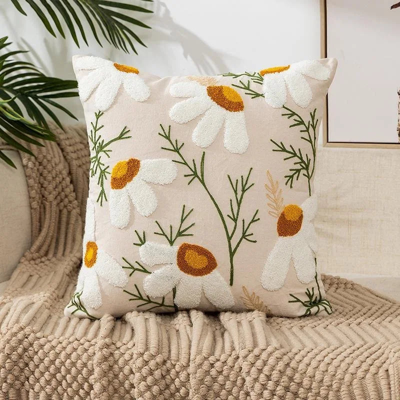 Tufted & Embroidered Floral Cushion Covers on Off-White Cotton/Linen 18inx18in