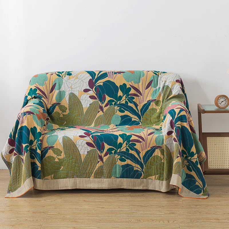 Blue and Green Cotton Bedspread / Sofa Throw With Orange Tulips - Single & Kingsize