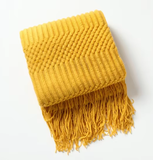 Yellow Knitted Blanket / Sofa Throw with Modern Pattern, Texture and Tassels