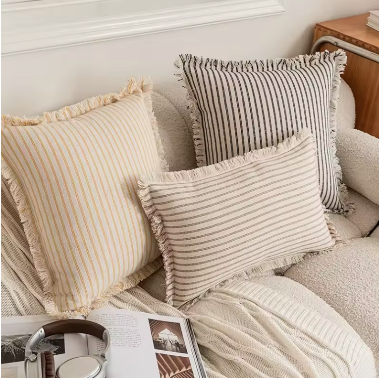Nordic Vintage Striped Jacquard Tassel Cushion Covers