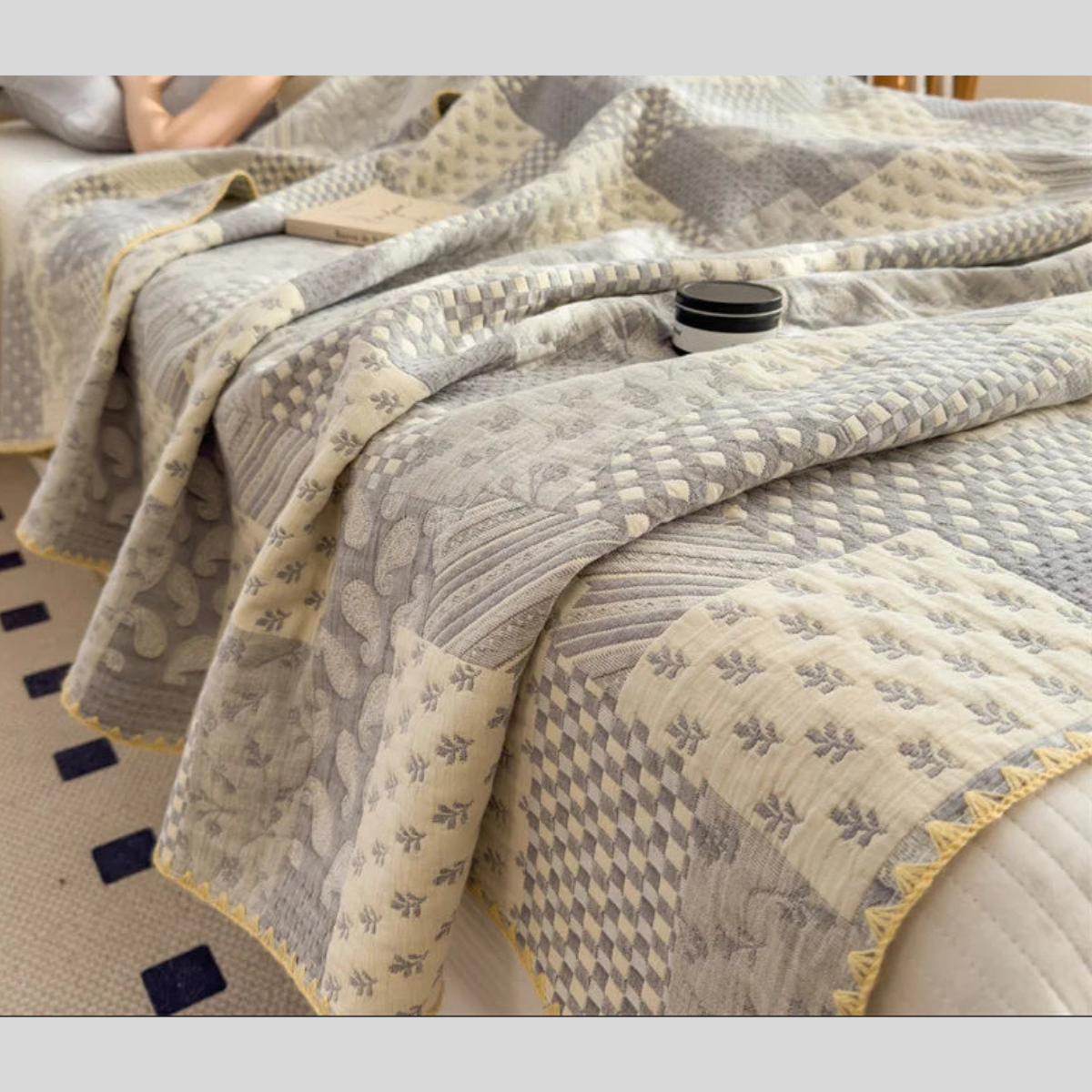 Modern Vintage Cotton Patchwork Bespread in Cream & Gray With Embroidered Edges
