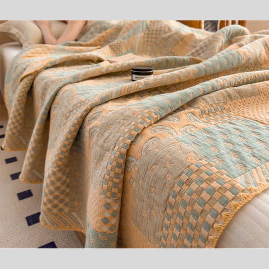 Modern Vintage Cotton Patchwork Bespread in Green & Yellow With Embroidered Edges