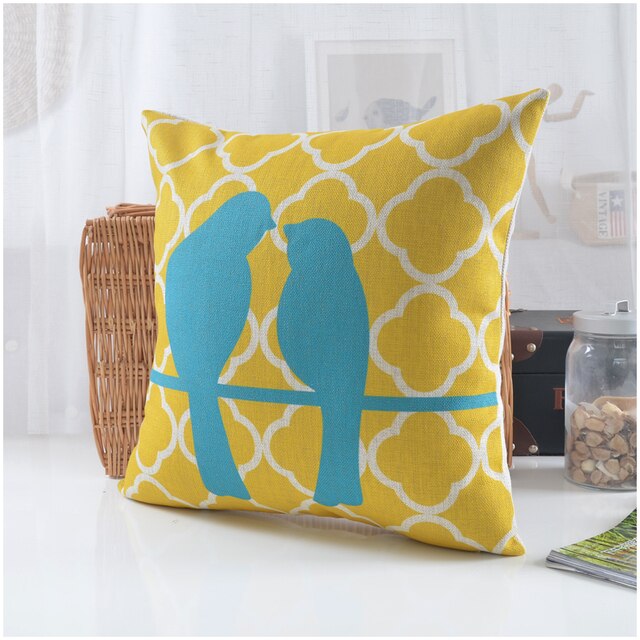 Scandi Cushion Covers With Cute Yellow & Turquoise Birds