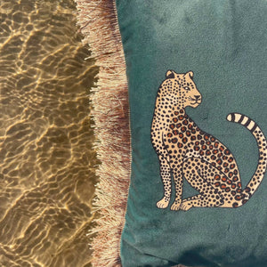 Green Stylish Leopard Printed Velvet Cushion Covers With Tassles