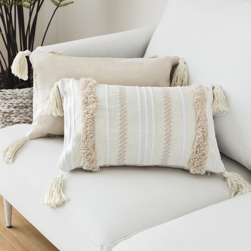 Cream Morroccan Striped Woven Cushion Cover With Tassels