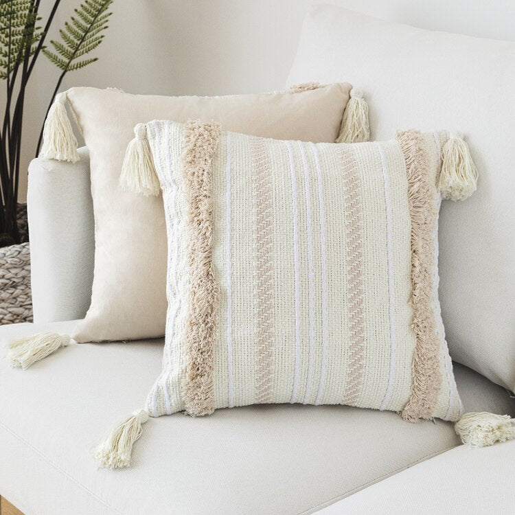 Cream Morroccan Striped Woven Cushion Cover With Tassels