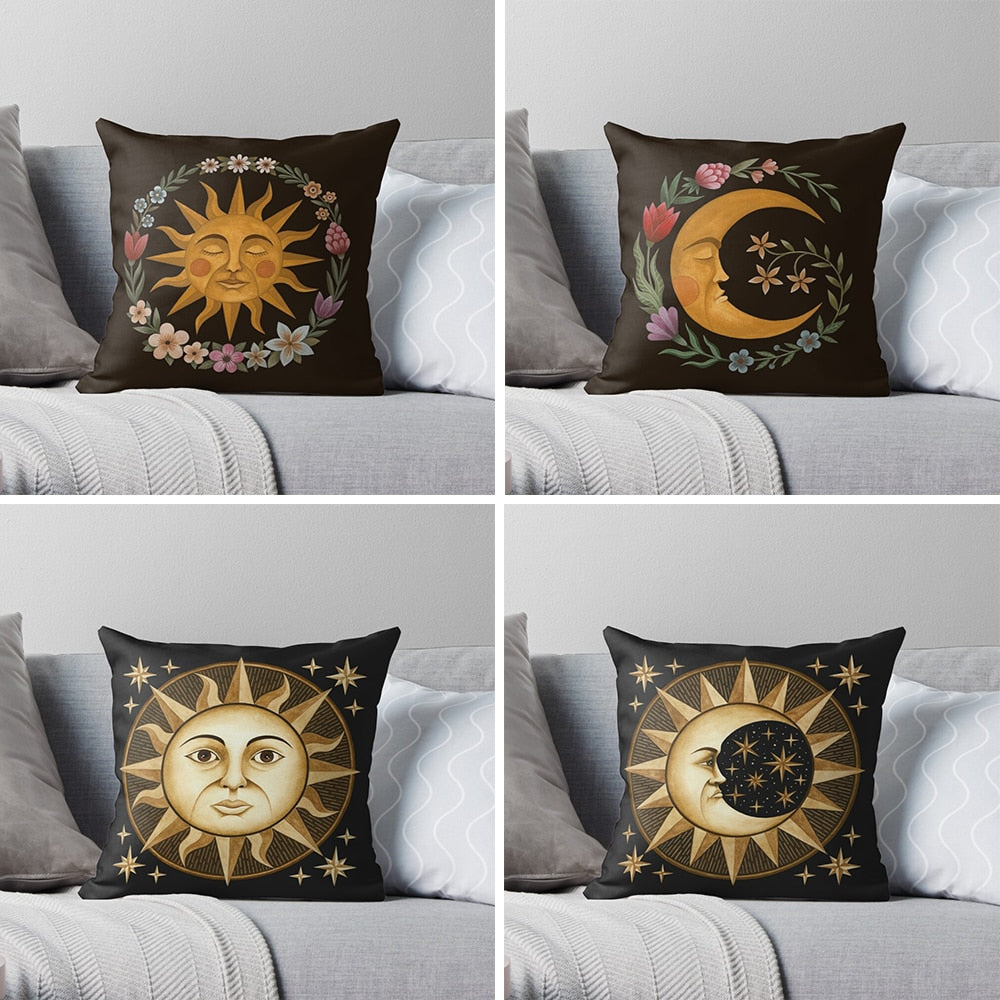 Nordic Black Cushion Covers With Sun, Moon, Floral & Fauna