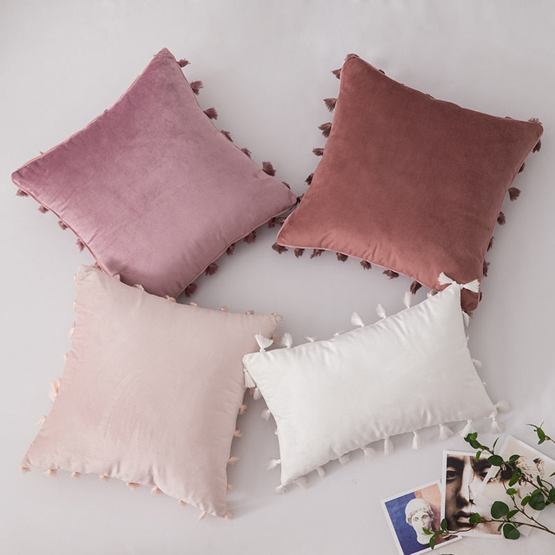Stylish Velvet Cushion Covers With Tassels - 18in x 18in and 12in x 20in