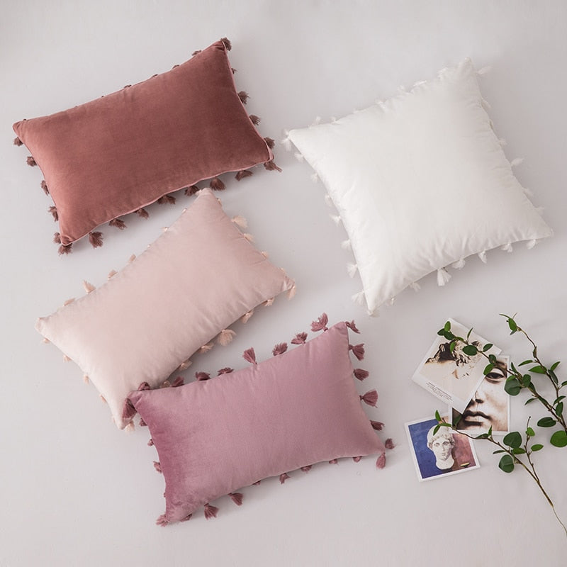 Stylish Velvet Cushion Covers With Tassels - 18in x 18in and 12in x 20in