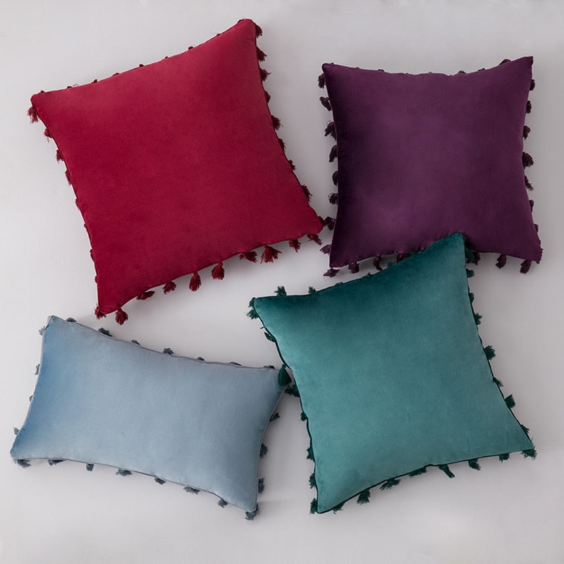 Stylish Velvet Cushion Covers With Tassels - 18in x 18in and 12in x 20in