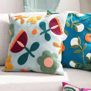 Colourful Embroidery Floral Cushion Covers - Dark Turquoise With Berries