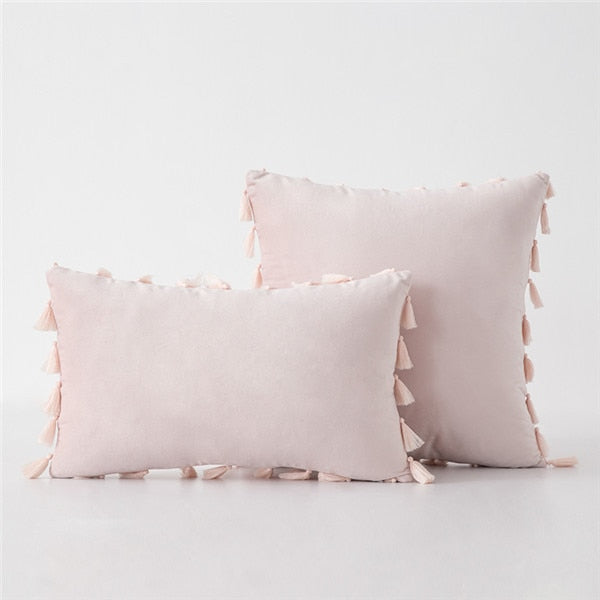 Beige Stylish Velvet Cushion Covers With Tassels - 18in x 18in and 12in x 20in