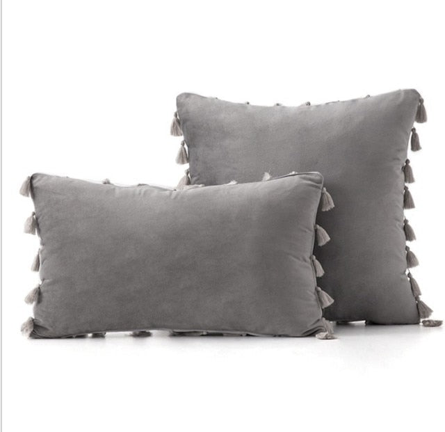 Light Grey Stylish Velvet Cushion Covers With Tassels - 18in x 18in and 12in x 20in