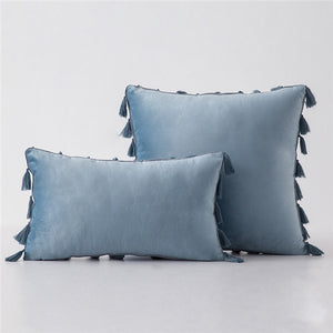 Grey Stylish Velvet Cushion Covers With Tassels - 18in x 18in and 12in x 20in