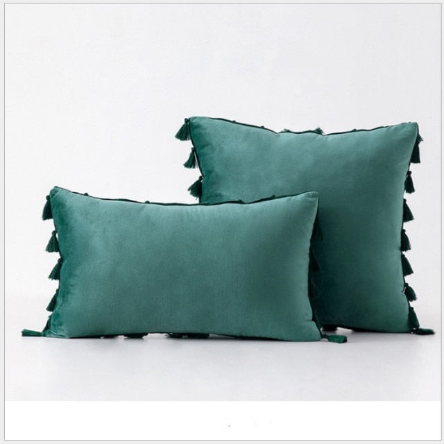 Green Stylish Velvet Cushion Covers With Tassels - 18in x 18in and 12in x 20in