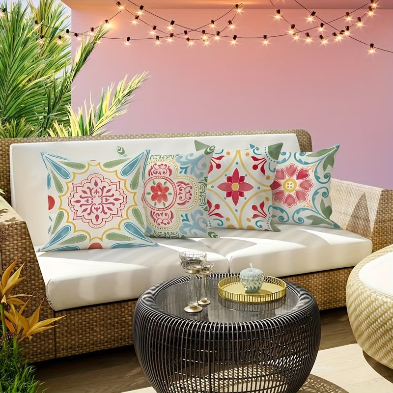 Waterproof Bohemian Floral Mandala Cushion Covers - 4 Piece Set