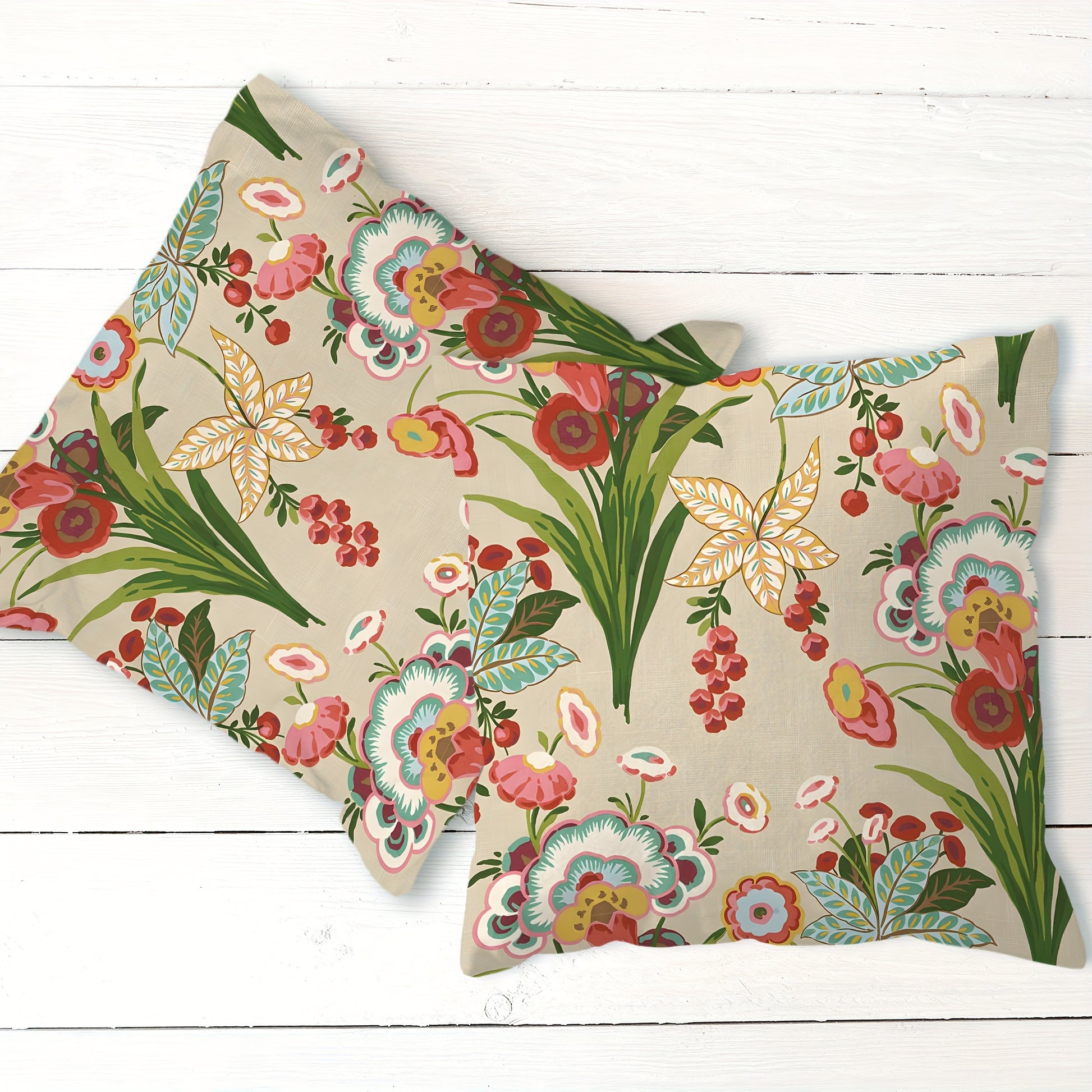 Outdoor Rustic Cushion Cover 2 Piece Set in Beige with Floral Designs