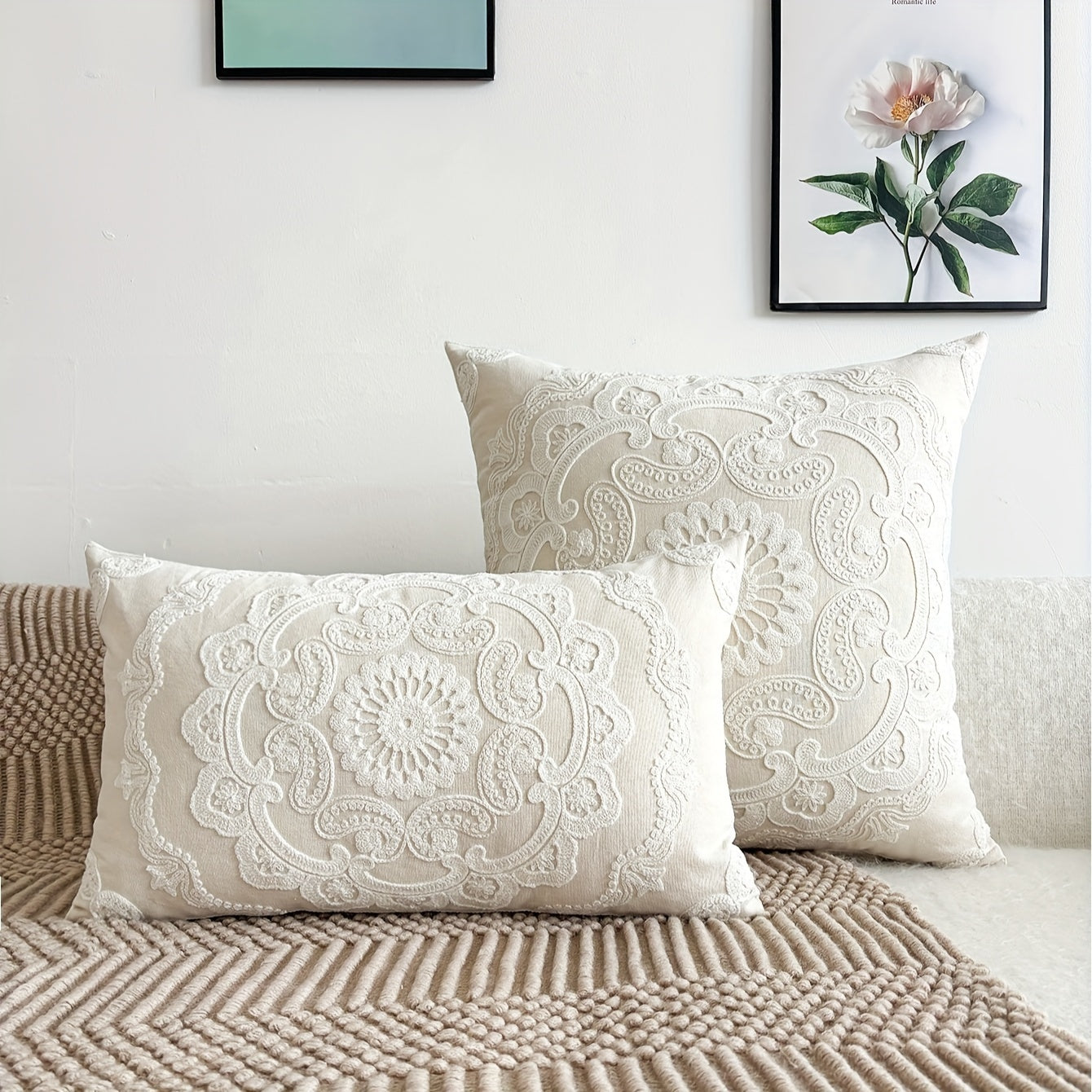 Off-White Hand-Embroidered Floral Cushion Covers 100% Cotton - 3 Sizes