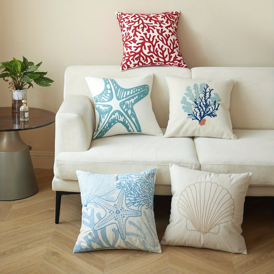 Seaside Embroidered Cushion Covers with Shells & Corals