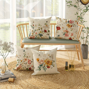 Cream Linen Blend Cushion Covers with Summer Flowers - 4 Piece Set