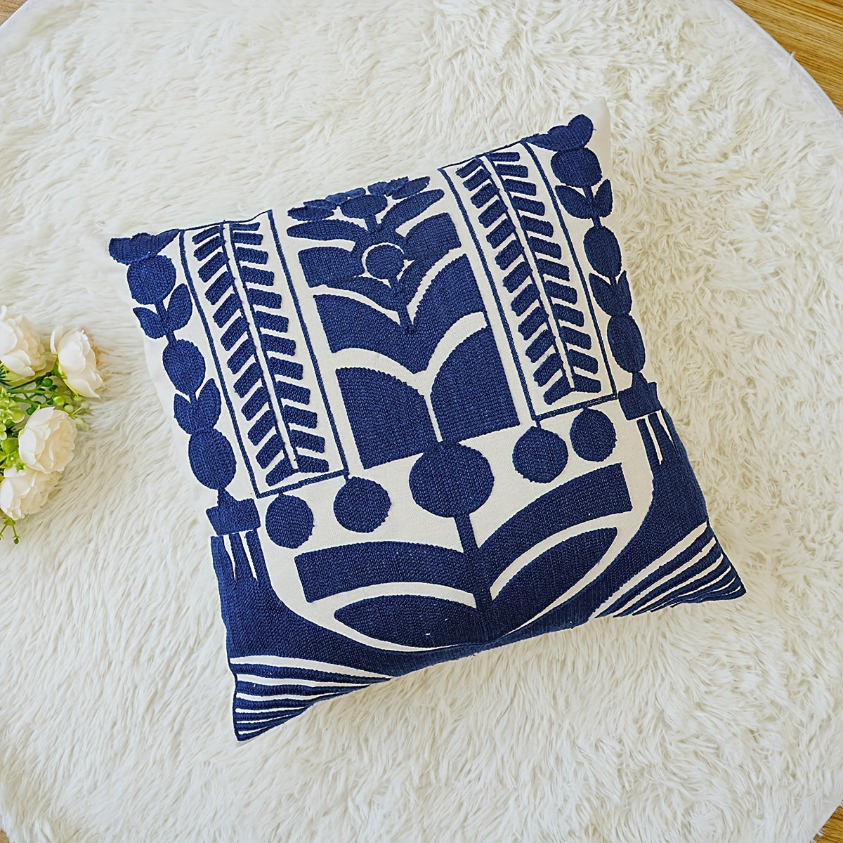 Cream & Navy Geometric Embroidered Cushion Covers - 3 Sizes