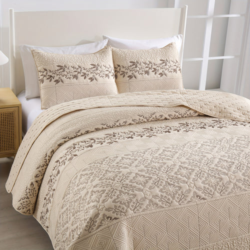 Beige & Grey 3 Piece Bedspread Set with Embroidered Leaves
