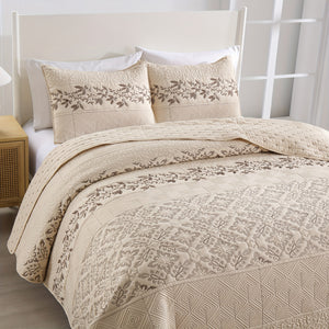 Beige & Grey 3 Piece Bedspread Set with Embroidered Leaves