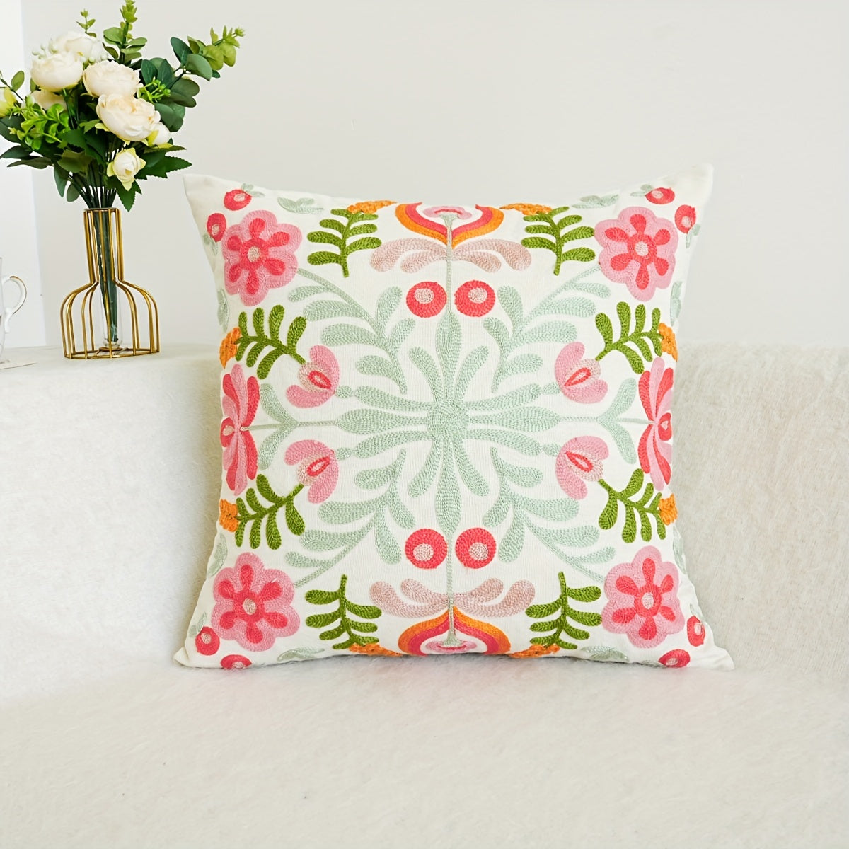 Embroidered Green & Pink Boho Floral Cushion Covers 18in x 18in