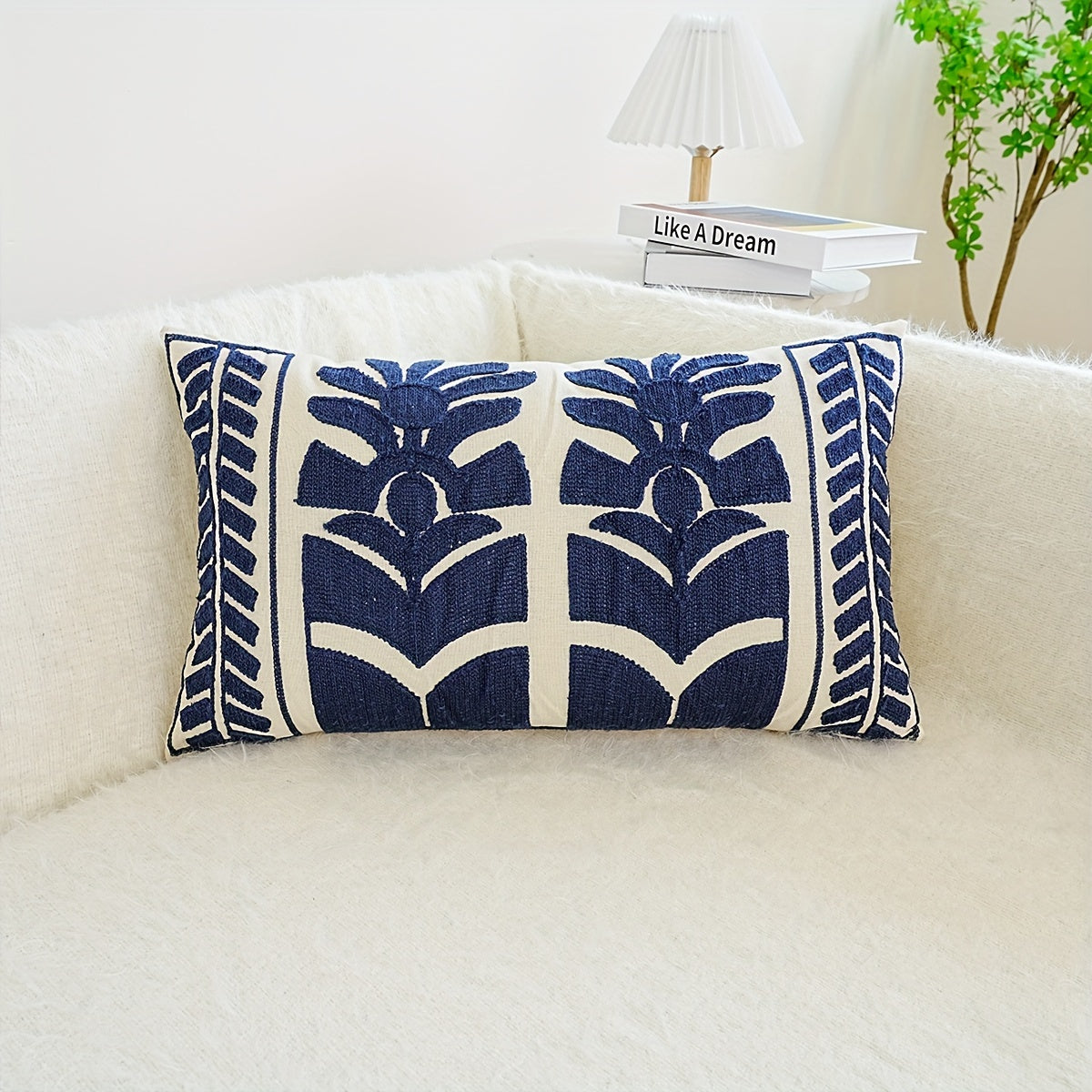 Cream & Navy Geometric Embroidered Cushion Covers - 3 Sizes