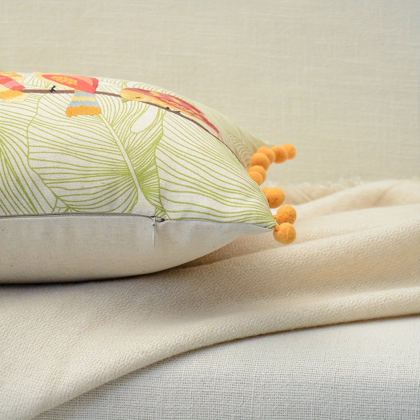 Colourful Birds Embroidered Cushion Cover with Pom-Poms