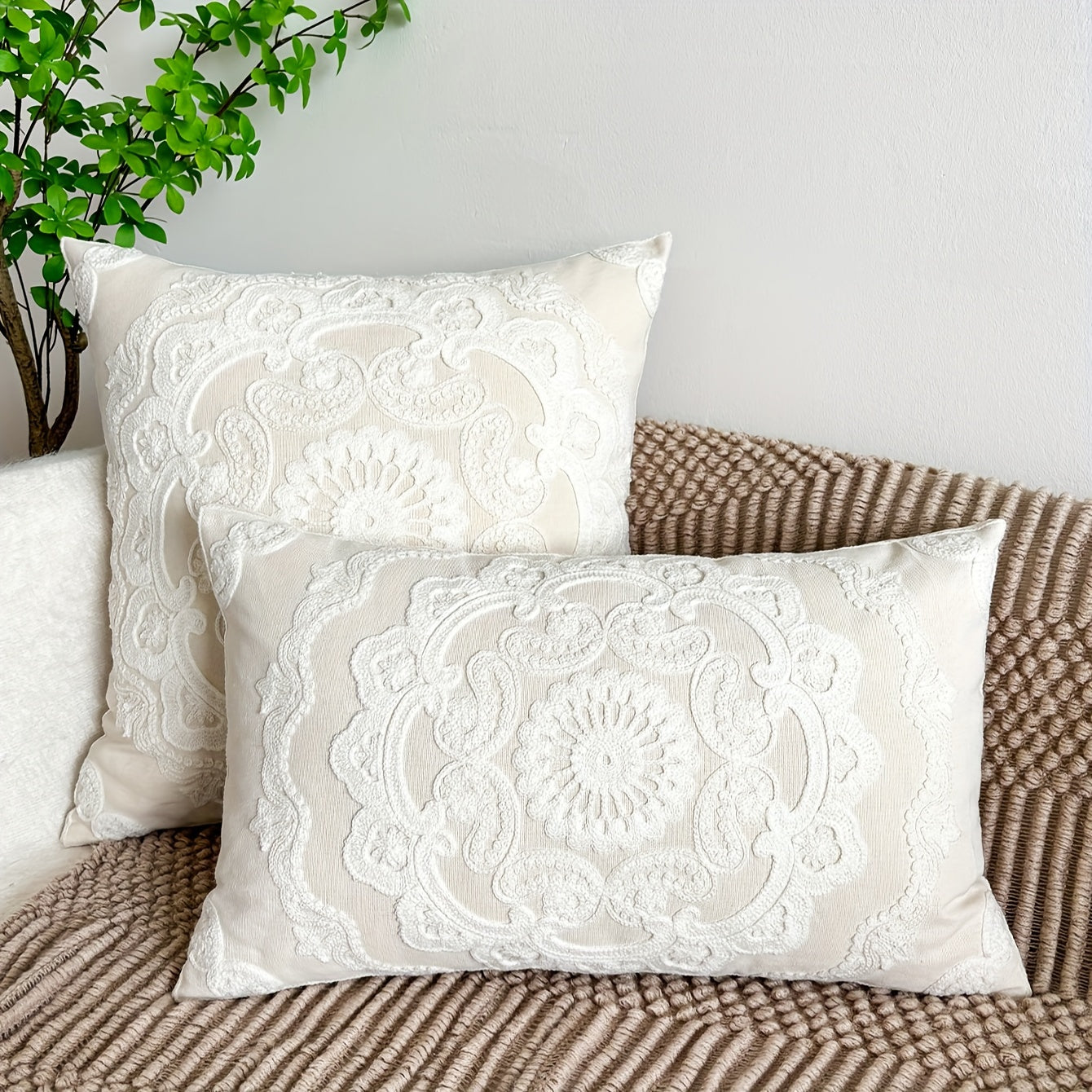 Off-White Hand-Embroidered Floral Cushion Covers 100% Cotton - 3 Sizes