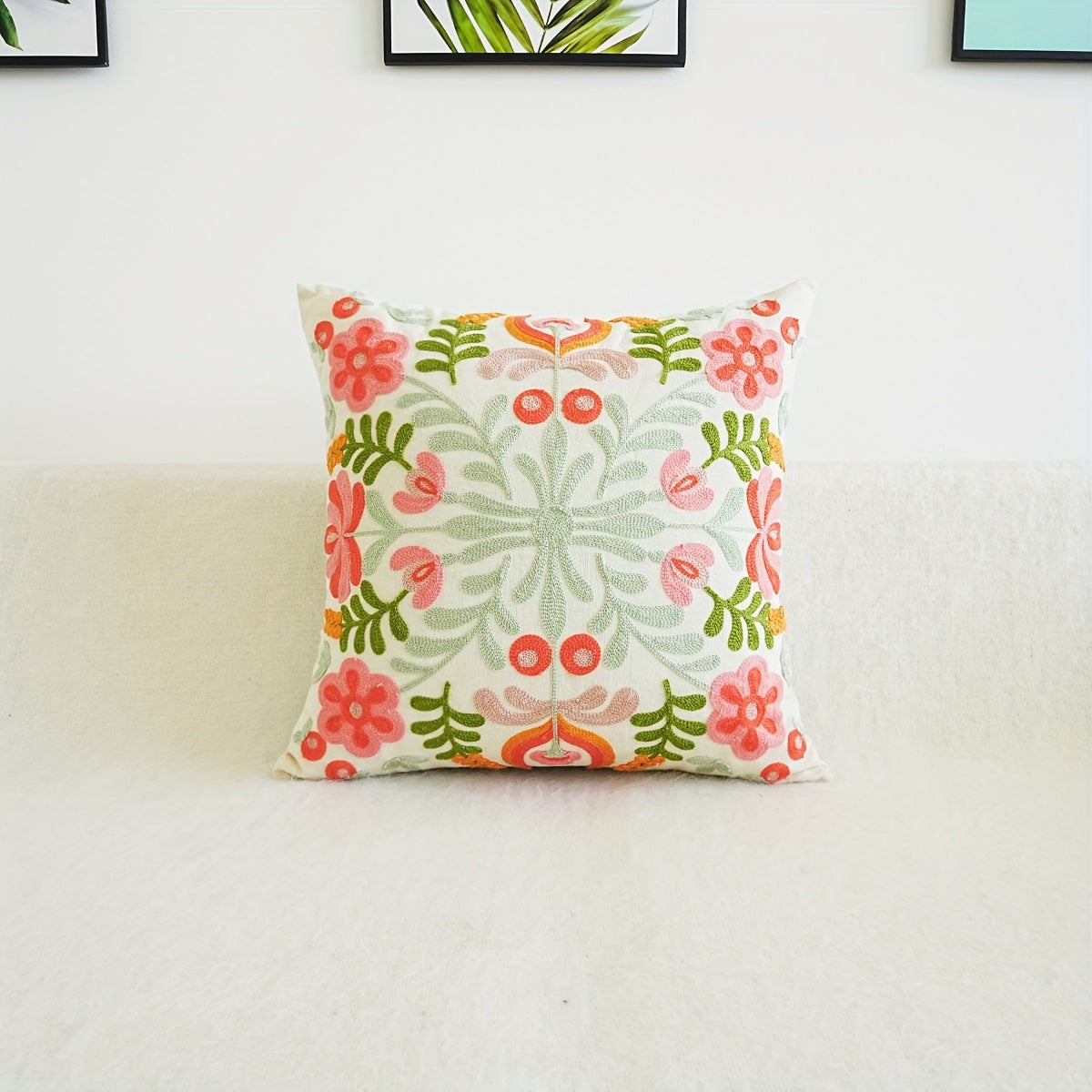 Embroidered Green & Pink Boho Floral Cushion Covers 18in x 18in