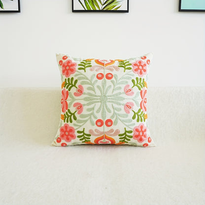 Embroidered Green & Pink Boho Floral Cushion Covers 18in x 18in