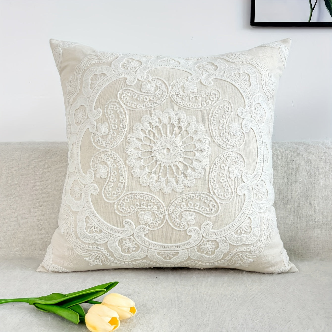 Off-White Hand-Embroidered Floral Cushion Covers 100% Cotton - 3 Sizes