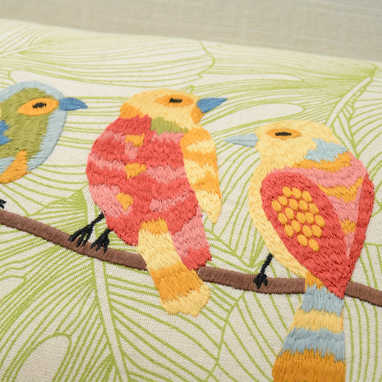 Colourful Birds Embroidered Cushion Cover with Pom-Poms