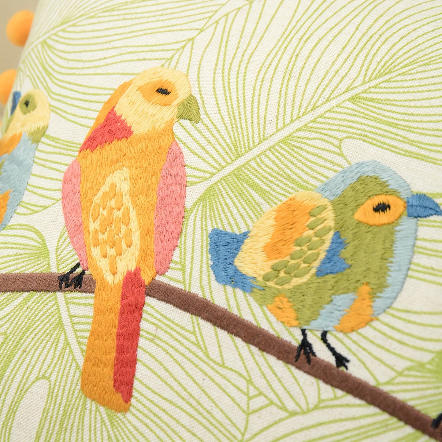 Colourful Birds Embroidered Cushion Cover with Pom-Poms