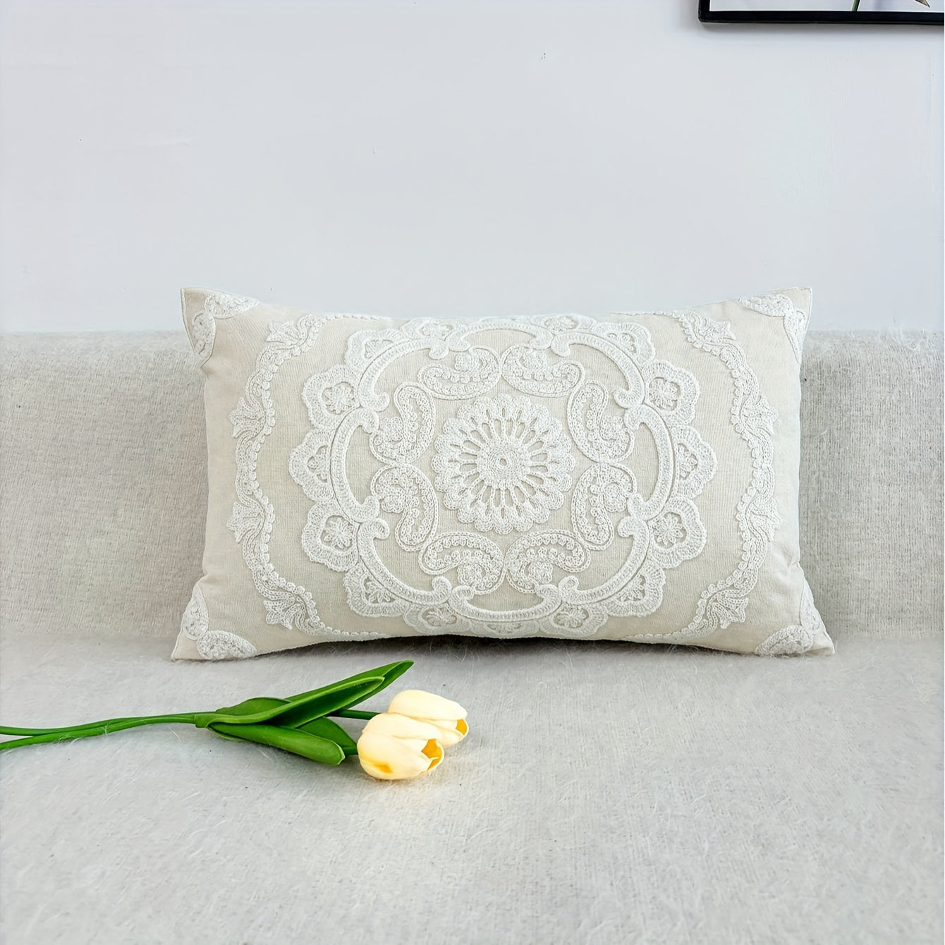 Off-White Hand-Embroidered Floral Cushion Covers 100% Cotton - 3 Sizes