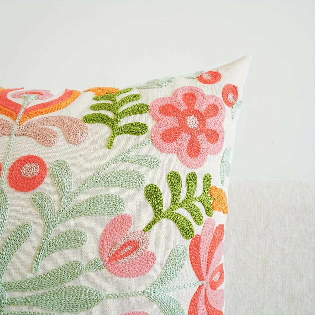 Embroidered Green & Pink Boho Floral Cushion Covers 18in x 18in