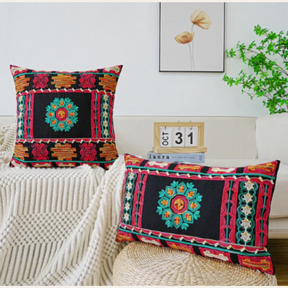 Black Cushion Cover With Colourful Ethnic Style Embroidery