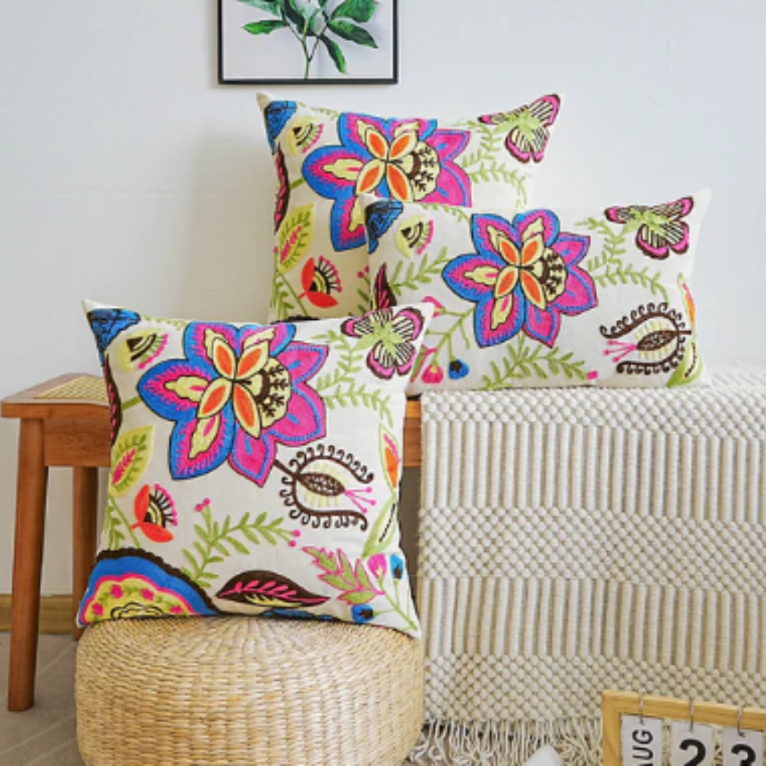 Cream Cushion Cover With Neon Bright Floral Embroidery