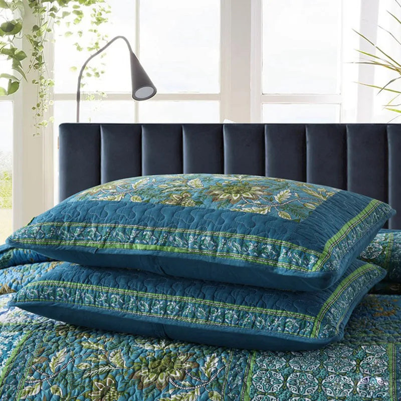 Blue & Green Patchwork Bedspread Set (3 Pieces) 100% Cotton